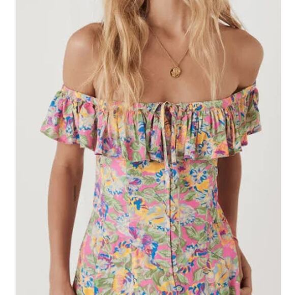 Spell Dolly Off Shoulder Sundress Large Pink Green Spring Summer Sun Ruffle Boho - Picture 1 of 14
